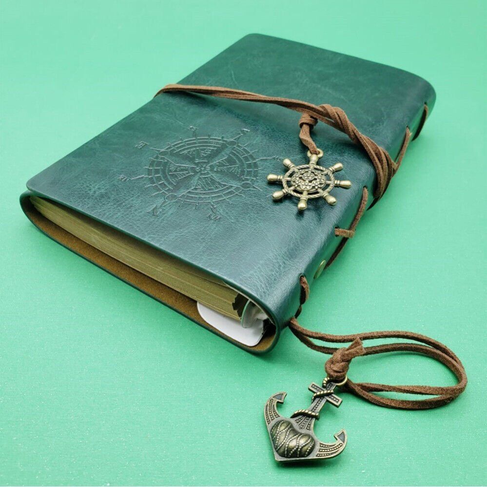 Büyük Boy Pusula Tasarımlı Deri Defter Yeşil