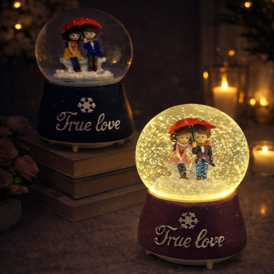 Şemsiye Altında Oturan Romantik Çiftler Tasarımlı Büyük Kar Küresi