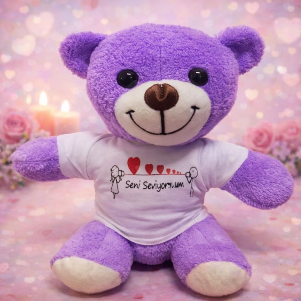 Mor Ayıcık Seni Seviyorum Baskılı Tişörtlü