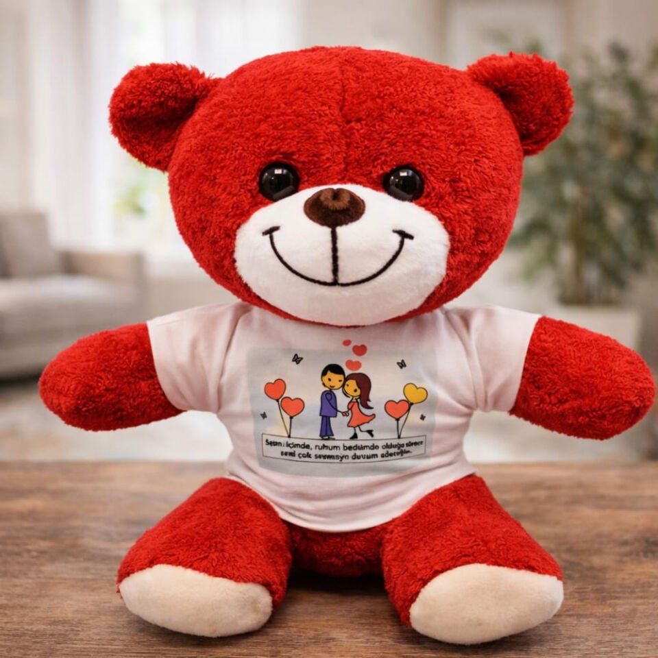 Sevimli Çiftler Tişörtlü Kırmızı Ayı