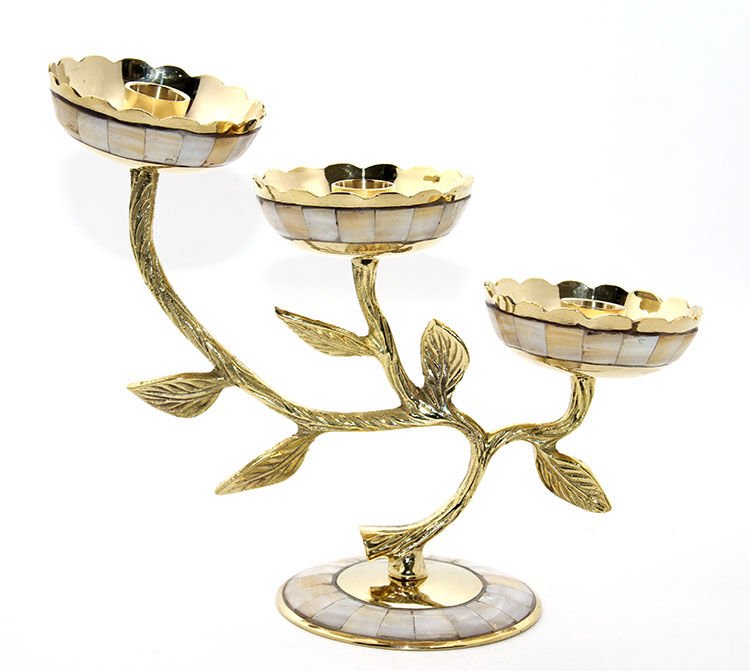 Pirinç Sedefli 3'Lü Şamdan