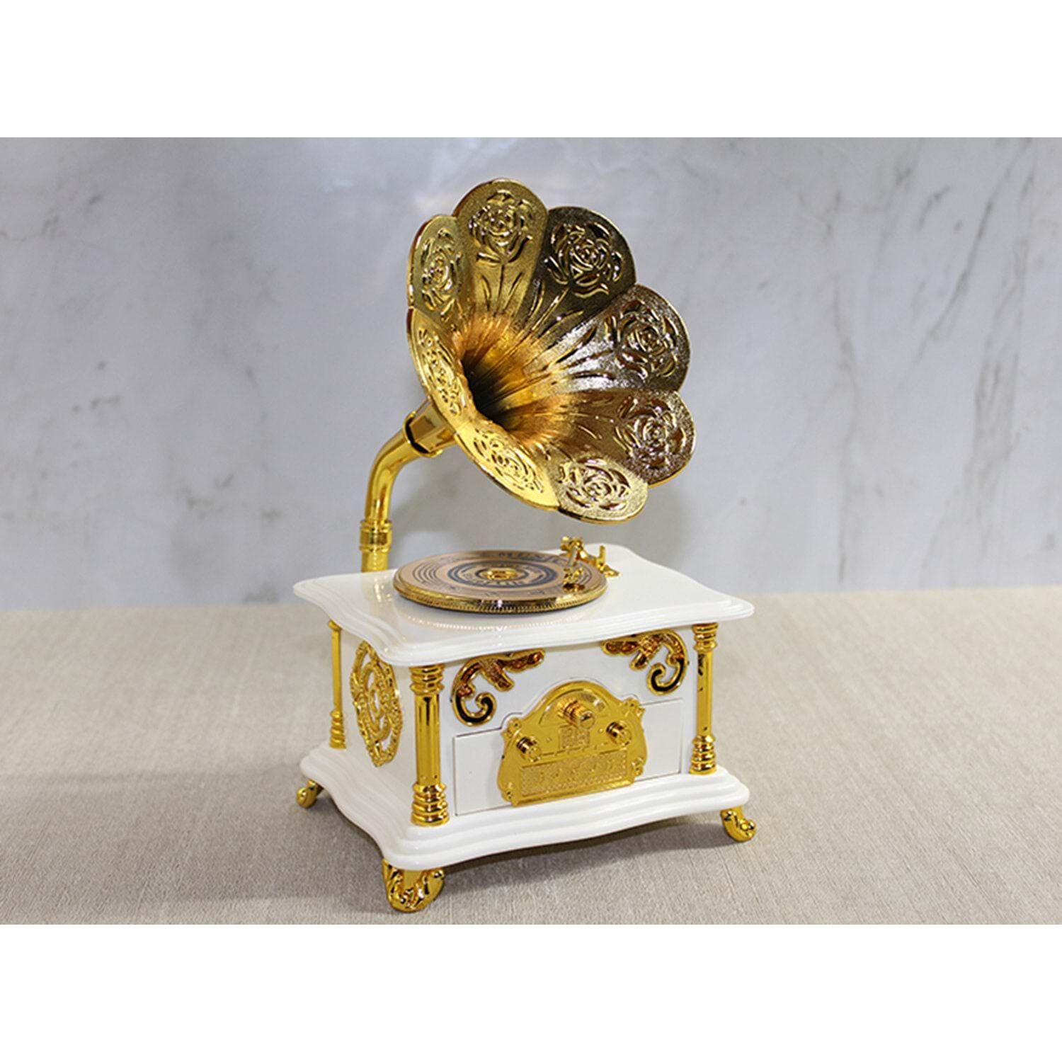 Gramafon Müzik Kutusu Beyaz – Dekoratif ve Nostaljik Müzik Kutusu