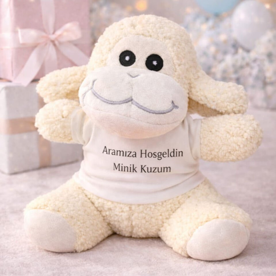 Aramıza Hoşgeldin Minik Kuzum Tişörtlü Sevimli Peluş Kuzu