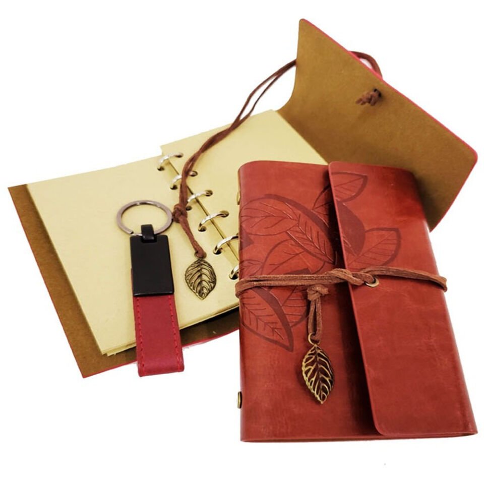Özel Ahşap Kutulu Kahve Deri Defter ve Anahtarlık Set