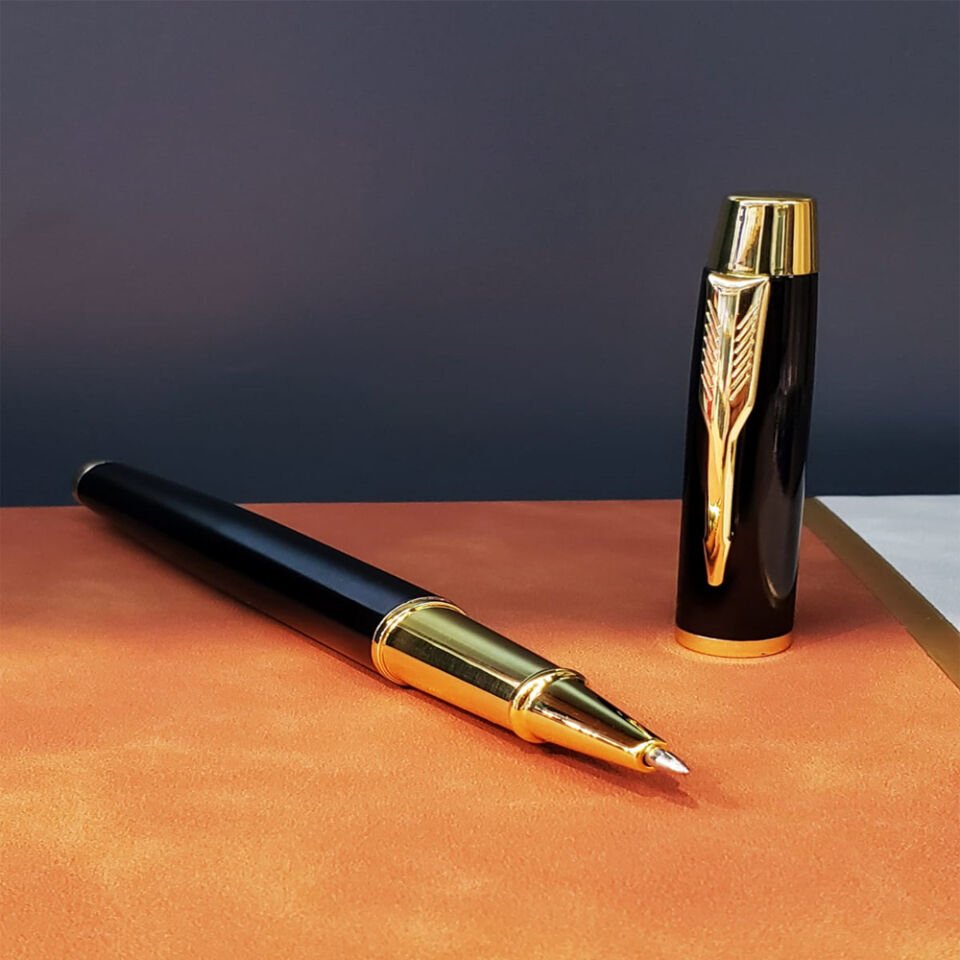 Gold Desen Siyah Deri Defter Kalem Set