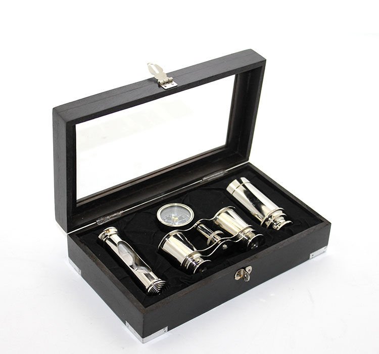 Ahşap Kutulu Pirinç Dürbün Pusula Ve Kumsaati Seti